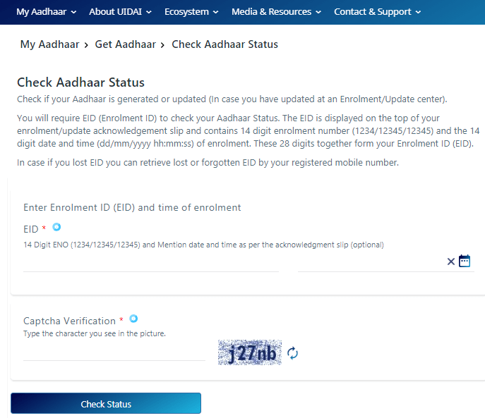 Check Aadhar Card Status