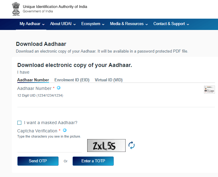 enter aadhaar number