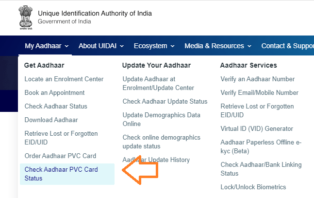 pvc aadhar card status