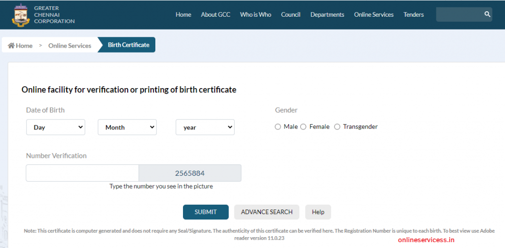 download birth certificate chennai