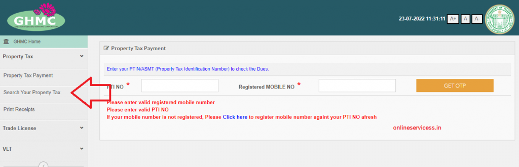 search property tax in Hyderabad