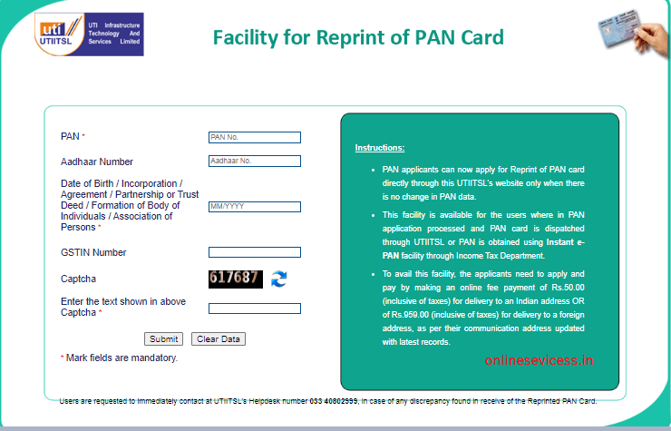 reprint pan card utiitsl form