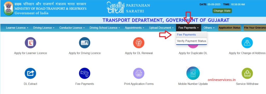 pay fees for driving licence