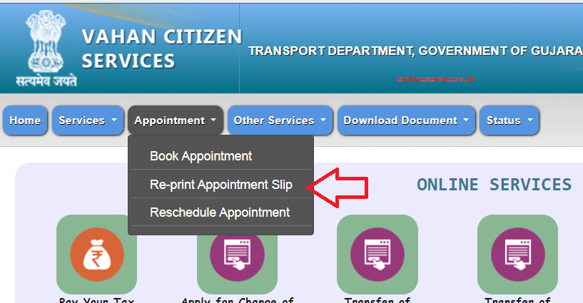 re print appointment slip vahan parivahan