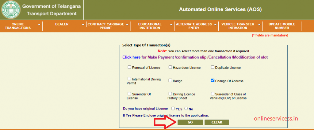 change address driving licence Telangana