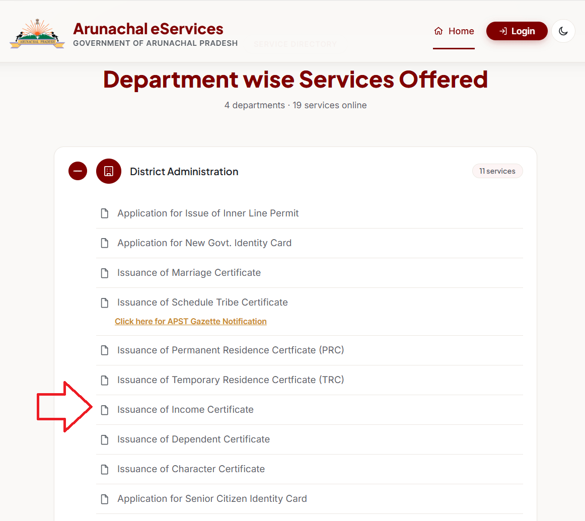 apply income certificate in Arunachal Pradesh